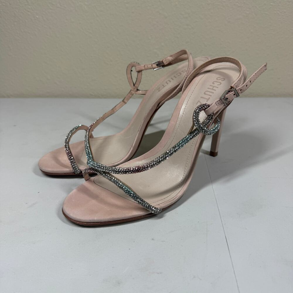 SCHUTZ Gaela Nubuck Pink Slip On Embellished Buckle Strap High Heel Sandals 8.5B